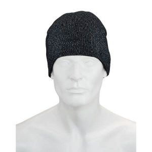 Musta Heijastava Magic-pipo kuvattuna edestä. Näkymä valon osuessa pipoon.